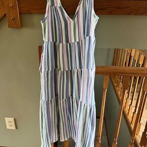Marine Layer Striped Tiered Maxi Dress — Blue, Green, Lavender, White